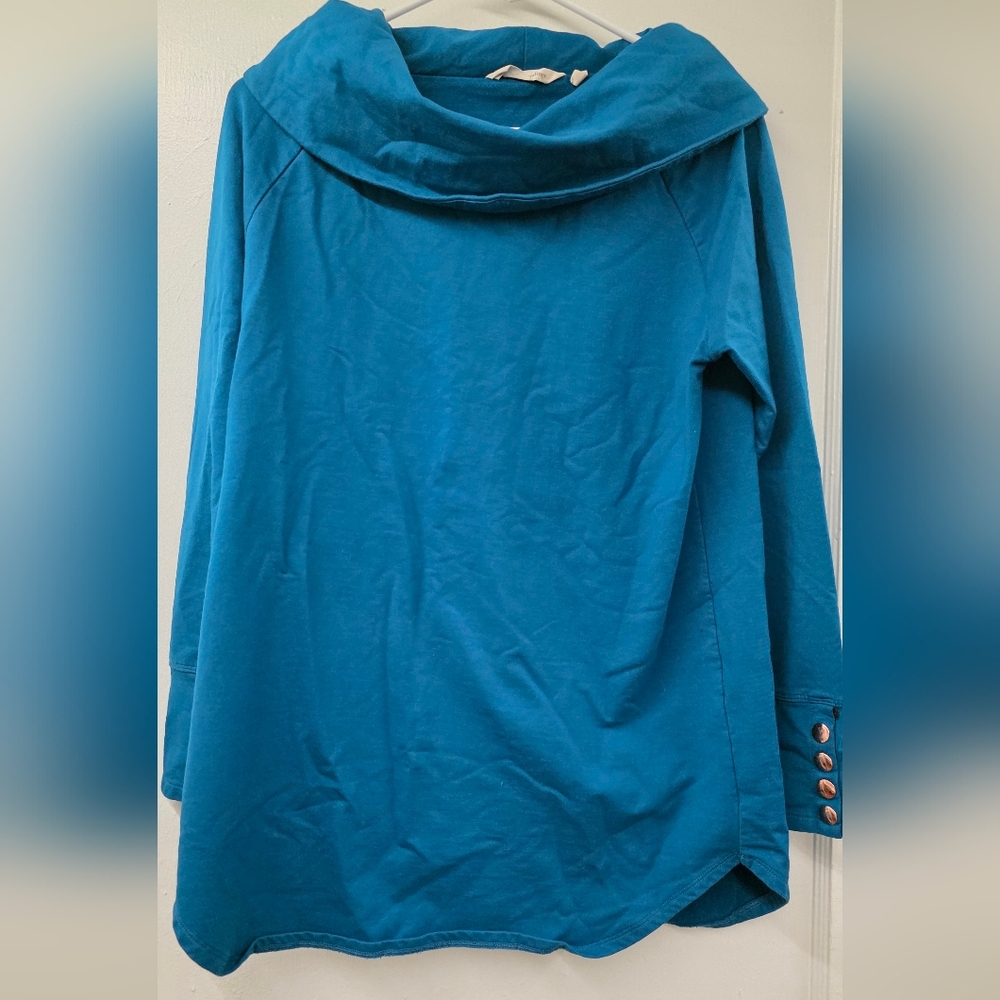 Soft Surroundings Teal Cowl Neck Tunic Top Small Cozy Stretch Long Sleeve